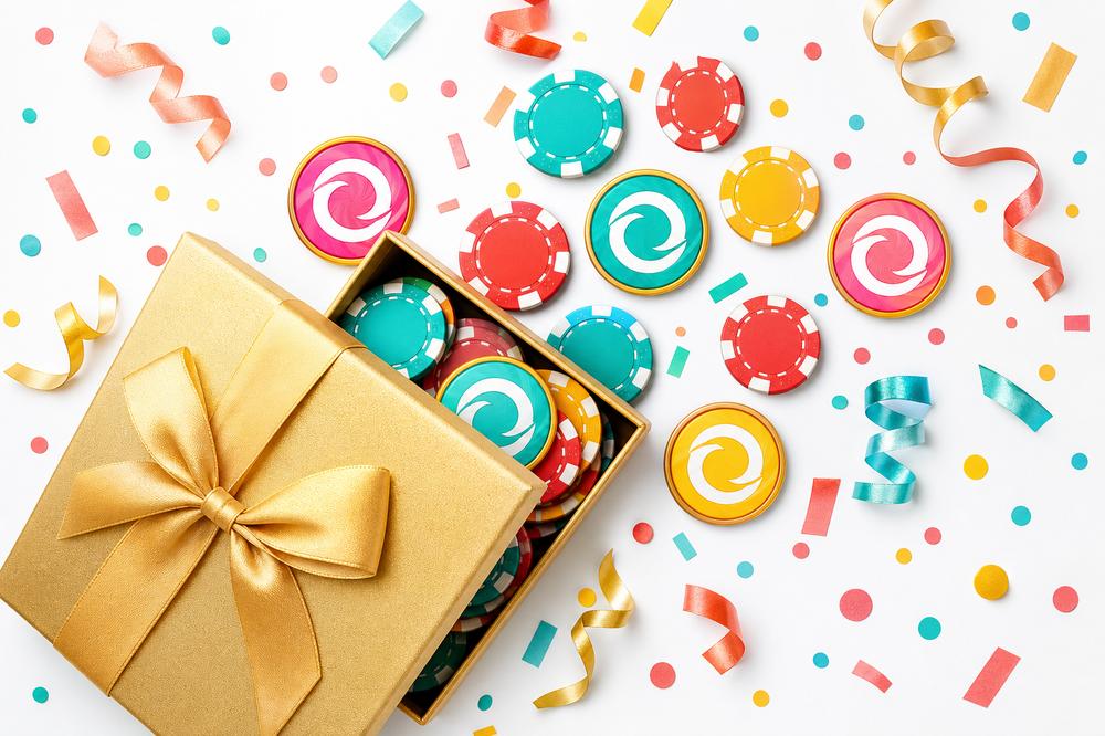 Colourful welcome bonus concept with chips and gift packaging