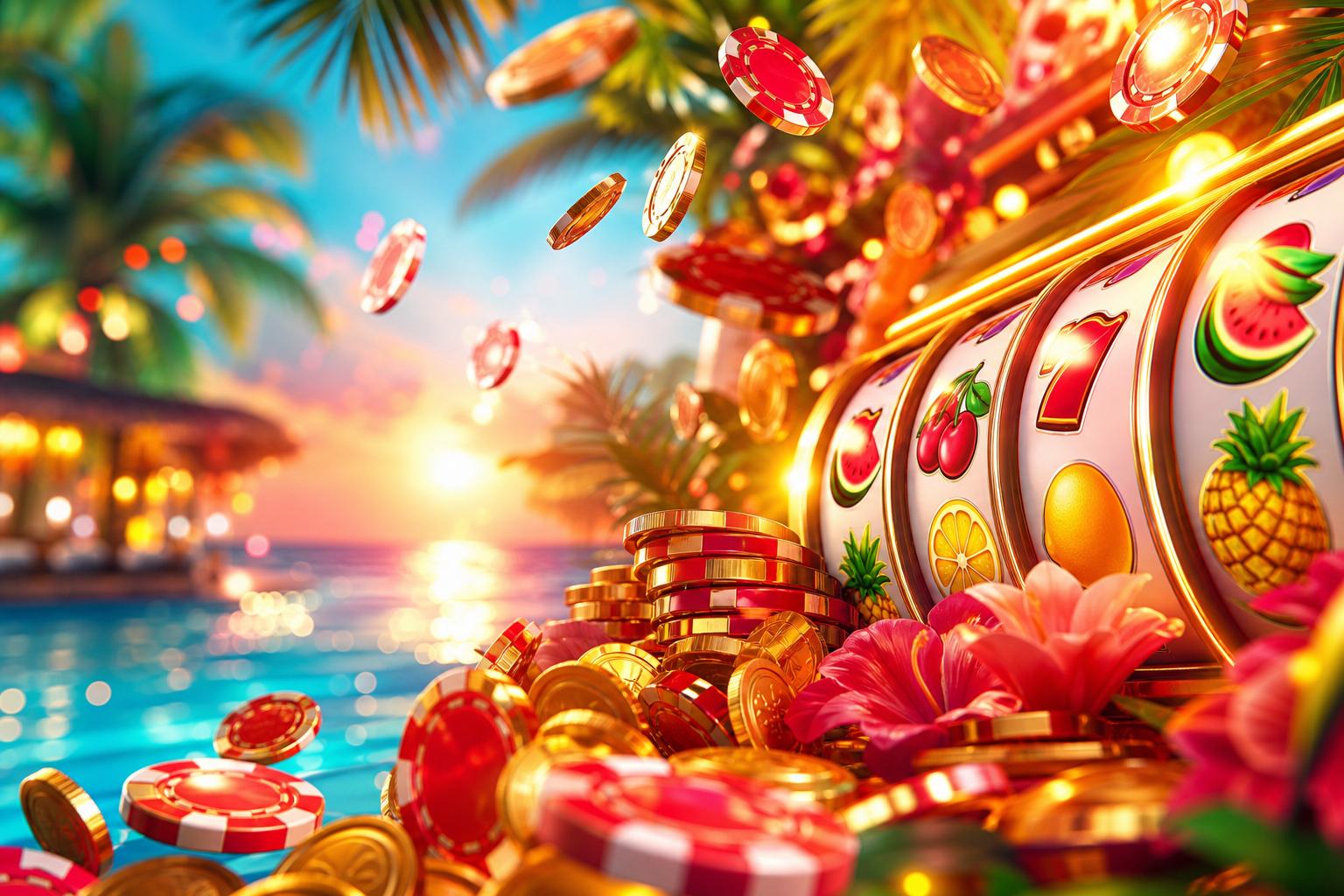 Bright casino atmosphere with chips and slot reels